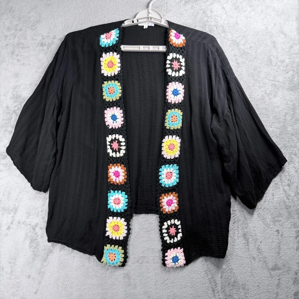 Calista Kimono Cardigan Women Medium Black Crochet Granny Square Casual Bohemian